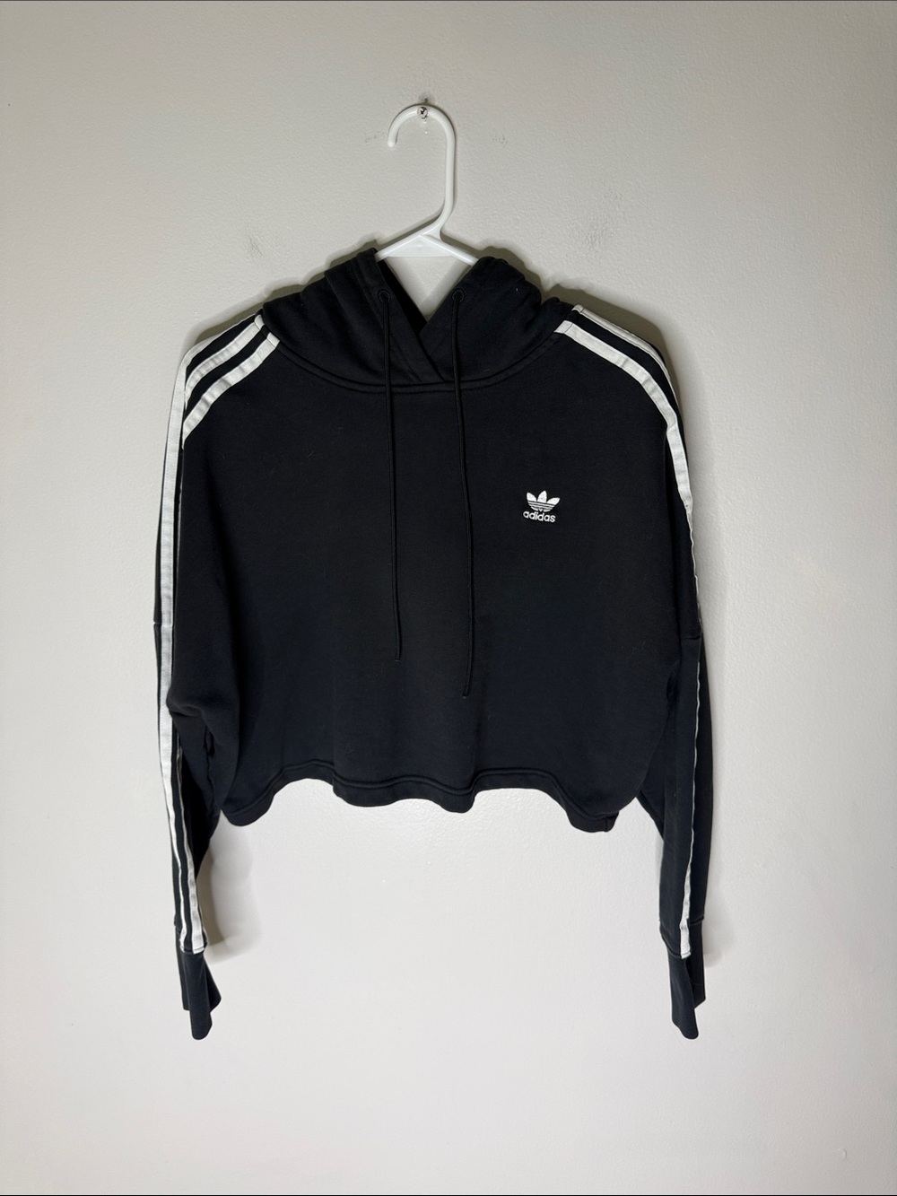 adidas Black Hoodie with White Three-Stripe Detail Cropped Length Size Small